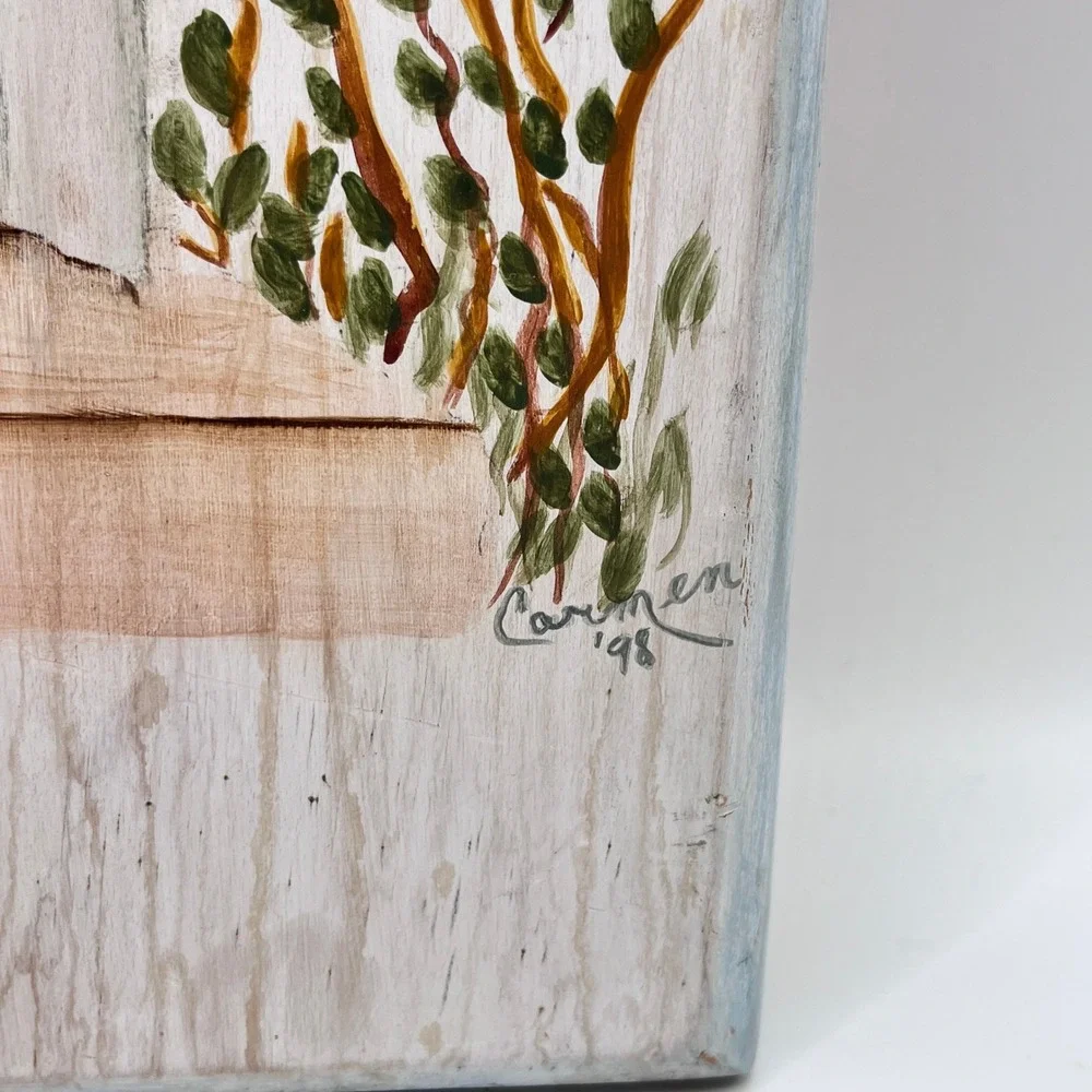 Vintage Hand Painted Wood Wall MirrorFolk Art Girl Flower Basket Ivy